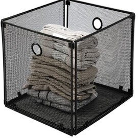 Funnymoom 2 Pcs Foldable Metal Cube Storage Baskets 13x13 Kitchen Wire Baskets Stackable Mesh Laundry Organizer Bin with Handles for Shelves Kitchen Pantry Cabinets Closet Food (Black)