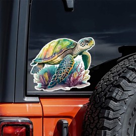 2pcs 5.12''x4.33'' Cartoon Sea Turtle Vinyl Decal for Cars, Trucks, Walls - Self-Adhesive Cute Sea Animal Theme Decal with Coral | CZ92