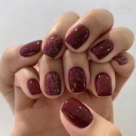 Short Press on Nails Wine Red Fake Nails Winter Square Shaped Acrylic Nails Kit Glossy Red Christmas Glue on Nails with Glitters Designs Cute Artificial Nails Winter Stick on Nails for Women Girls