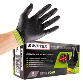 SWIFTEX Heavy Duty Nitrile Gloves, Dual Tone, Black Green, ZIG Textured, Secure Grip,Latex Free,Powder Free, 8mil, Box of 100 (Large)