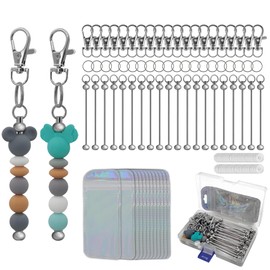 Akeve 20 Pcs Beadable Keychain Bar Beaded Metal Keychain Bulk Keychain Accessories for DIY Beaded Jewelry Making Kits (Silvery)