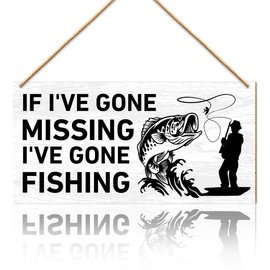 If I've Gone Missing I've Gone Fishing Wood Sign Wall Decor, Funny Rustic Fishing Wooden Hanging Sign Decorations for Home, Fisherman Gifts for Men Fishing Lover Dad Grandad Husband Son