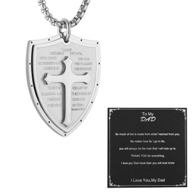 HZMAN To My DAD, Knights Templar Cross Necklace for Men Boy Stainless Steel Shield Armor of God Ephesians 6:16-17 Faith Cross Pendant Gift from Son Daughter (Silver)