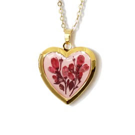 Handmade Dryed Pressed Flower Heart Shaped Photo Locket Pendant Necklace (Gold, Fushia on Pink)