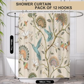 Minicoco Shower Curtain Mould Proof Resistant Wet Room Shower Curtain 100% Polyester Waterproof Bathroom Curtains Floral Shower Curtain Scenery with 12 Hooks, 180 x 180 cm (White Flower Bird)