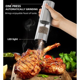 YISUN Electric Salt and Pepper Grinder Set, Stainless Steel Automatic Pepper Mill Grinder with 5 Adjustable Coarseness, One Hand Operation with LED light, Rechargeable Pepper Mill Grinder Set
