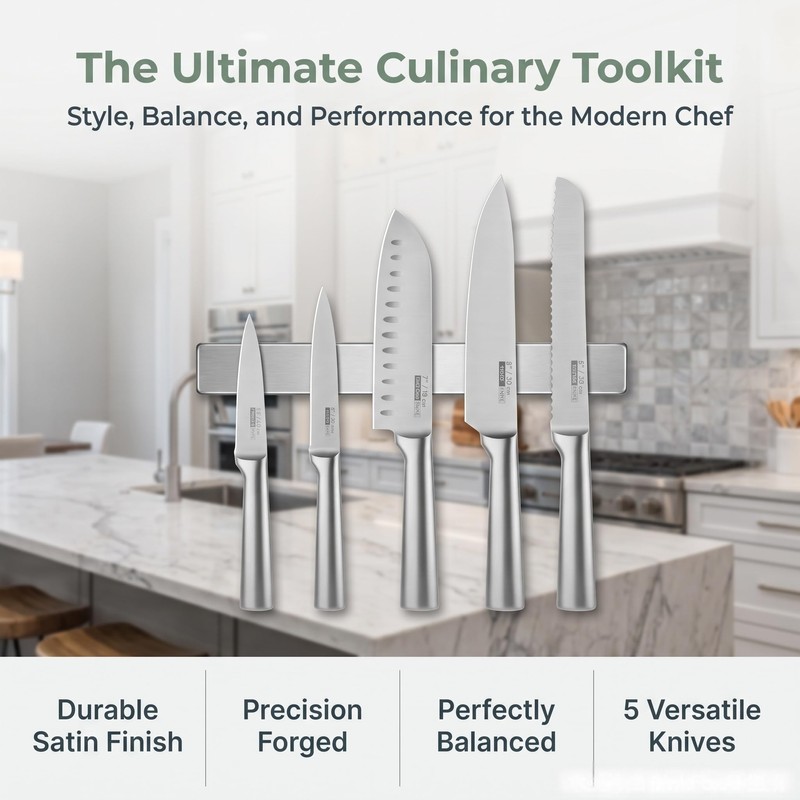Silver Kitchen Knife Set of 5 - Satin Finish Blade