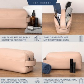 VON HEESEN Toiletry Bag Leather Toiletry Bag for Men and Women - Genuine Leather Necessaire Ideal for Travel - Wash Bag and Cosmetic Bag, rose, 2 main compartments