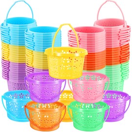 Ziliny 200 Pieces Plastic Easter Baskets Bulk with Handles Colorful Round Egg Mini Baskets for Easter Party Favors Egg Hunt Supplies, 6 Colors