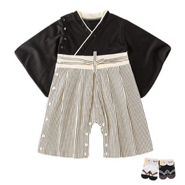 YOOCHUENG Baby Bodysuits Kimono Romper Long Sleeve Japanese Baby Kimono Toddler Onesies Cotton for Baby Boys and Girls with 2 Pairs of Socks, Baby Boy-Black-One Piece