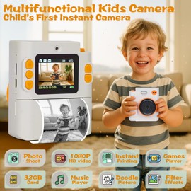 Kids Camera Instant Print, 1080P HD Dual-Lens Selfie Digital Camera with 5 Printing Paper Rolls & 32G TF Card, for Children, Portable Toddler Toy for Age 3-12 Boys & Girls (White)