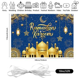Large Ramadan Mubarak Banner Decoration with String, 180 x 110 cm Large Muslim Umrah Mubarak Photo Booth Background for Eid Party Supplies (Blue)
