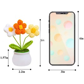 Eluckya Tricolor Handmade Crochet Sunflower Decor - Mini Potted Plant for Car Dashboard, Cute Knitted Flower Ornament, Versatile Home Accessory