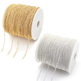 Gold Silver Chain for Jewellery Making, 66 Feet Necklace Bracelet Jewellery Making Chains for Crafting 3mm Jewelry Chain 2 Roll