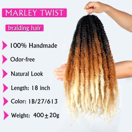Marley Twist Braiding Hair 18 Inch Marley Hair 8 Packs Kinky Twist Hair Extensions for Afro Kinky Curly Braiding Hair Soft and Natural Crochet Hair (18 Inch 8packs, 1B/27/613)