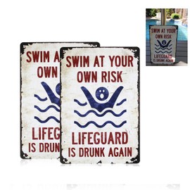 2 Pcs Swim at Your Own Risk Sign, 12" x 8" Vintage Metal Pool Signs for Outside, Funny Outdoor Signs for Wall, Durable Outdoor Pool Decor, Rustic Deck Accessories for Patio