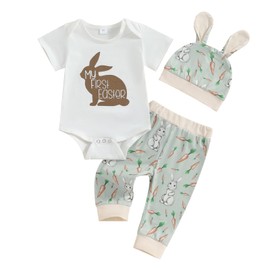 VSQWLZT My 1st Easter Outfits Infant Baby Boy Short Sleeve Romper Bunny Onesie + Pants + Hat 3Pcs Clothes Set (White Bunny, 3-6 Months)