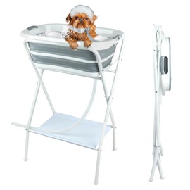 FHTONGE Elevated Dog Bathtub Grooming Station with Drain Adjustable Collar, 2 in 1 Collapsible Dogs Beautify Bathtub Portable Pet Washing Station, Pet Tub for Small Medium Dog Cat Shower Hairdressing