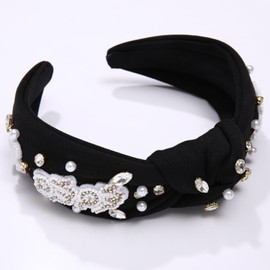 PHALIN Women's Mother's Day Beaded Mama Headband - Glitter Rhinestone Pearl, Wide Top Knot Hair Accessory Gift (Black)