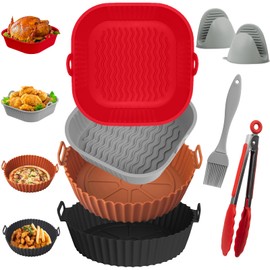 KIROGILY Silicona para Freidora de Aire, Accesorios para Freidora de Aire de 8 PCS que Incluye Cuatro Air Fryer Silicon y Guantes, Pinzas, Brocha de Aceite, Moldes para Freidora de Aire (Oscuro)