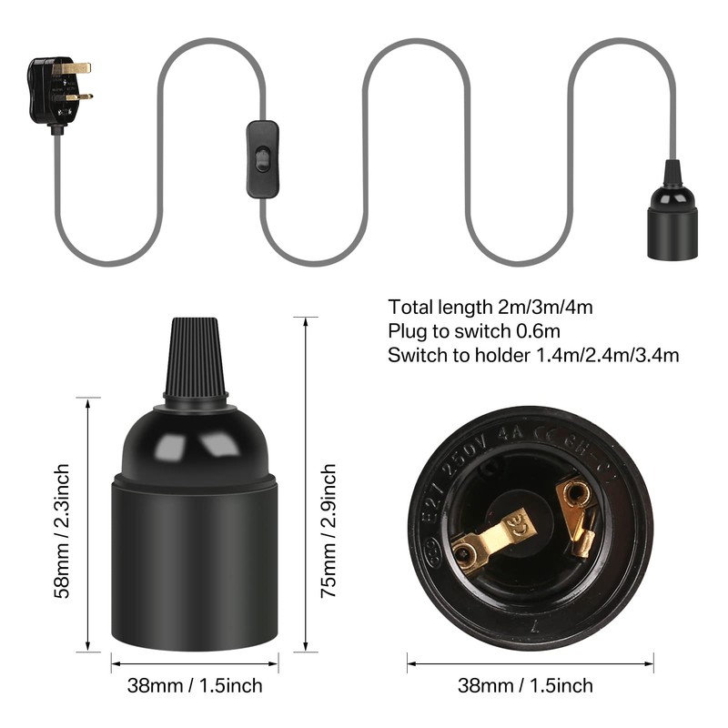 Teynewer Pendant Light Fitting, E27 Lamp Holder with Switch Suspended