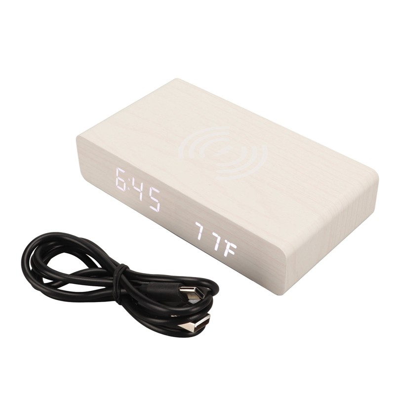 Wooden Digital Clock Wireless Charging Function 3 Brightness Electric Alarm