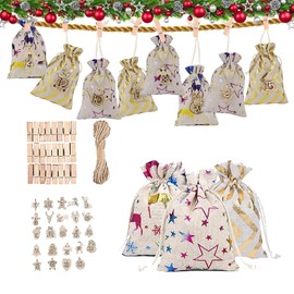 Yanmucy Christmas Advent Calendar Bags 24 Days Countdown Burlap Gift Pouches Festival DIY Candy Fill Sacks for Christmas Home Office Decor (Colorful)