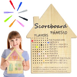 Phase 10 Score Board House Shaped Wooden Phase 10 Scoreboard Wood Phase 10 Score Sheets with 8 Colored Pegs and 10 Color Pencils Phase Ten Score and Round Tracker Fun Board Card Games for Families