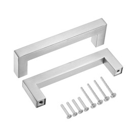 sourcing map 5 Pack Square Bar Drawer Handles, 4 Inch Hole Center Modern Drawer Pulls Kitchen Cabinets Pull Stainless Steel Slim Cupboard Pulls, Brushed Silver