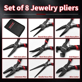 WISEUP 8-Piece Mini Pliers Set，Needle, Round, Flat, Long, Bent Nose, Diagonal, End Cutting & Linesman Pliers for Crafting, Electronics & Jewelry Making，with Pouch