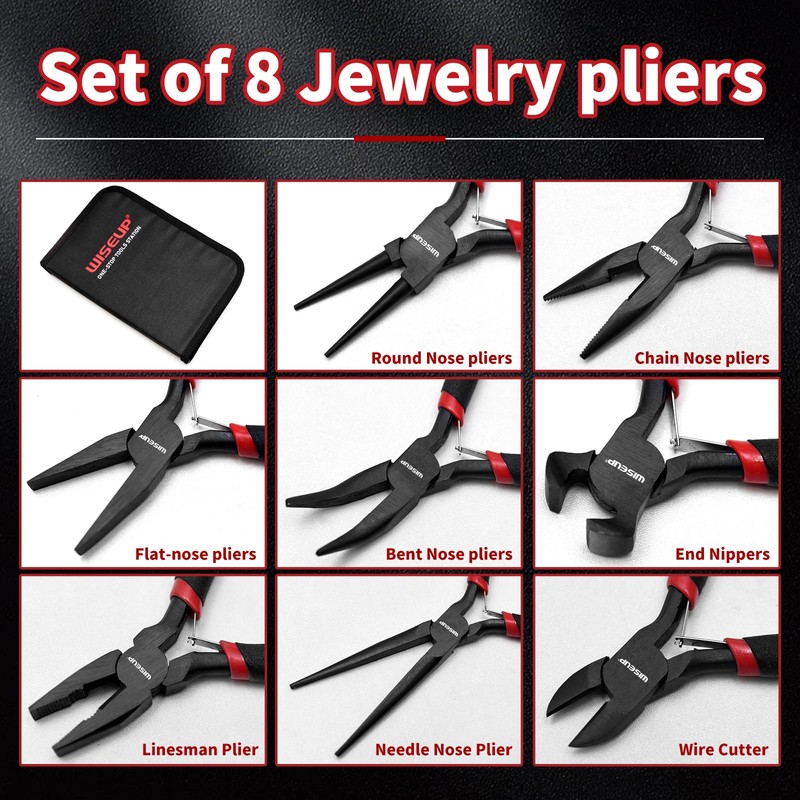 WISEUP 8-Piece Mini Pliers Set，Needle, Round, Flat, Long, Bent Nose,