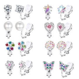 MILACOLATO 8Pairs Clip on Earrings for Women Colorful Crystal Non-Piercied Earrings Cute Flower Heart Butterfly Pearl Clip-on Earrings