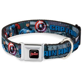 Buckle-Down Seatbelt Buckle Dog Collar - CAPTAIN AMERICA w/Avengers Logo Cityscape - 1" Wide - Fits 15-26" Neck - Large
