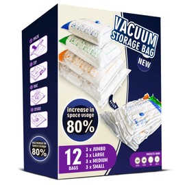 STORAGE MASTER Storage Master Space Saver Bags for Travel and Home Reusable Vacuum Storage Bags Save 80% More Storage Space Work with Vacuum Cleaner (12 Pack, No Pump Included)