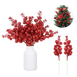 Haneye 14 Pack 7.8 Inch Christmas Red Berry Stems for Christmas Tree, Glitter Berry Picks, DIY Wreaths, Crafts, Home & Wedding Decorations