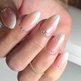 Short Almond Nails - Light Pink&White Gradient Glitter Glue Full Cover Acrylic Artificial Rhinestones Stick on Nails Glossy 24 Pcs