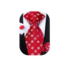 DiBanGu Red and White Men's Christmas Tie Silk Woven Jacquard Necktie Set with Pocket Square Cufflinks for Xmas Party Prom