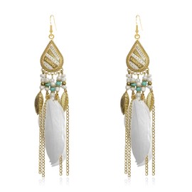 KVANU Bohemian Earrings Feather Tassel Gold Ethnic Drop Earrings Retro Boho Bead Dangle Earring Women Teen Jewelry for Birthday Party Gifts (White)
