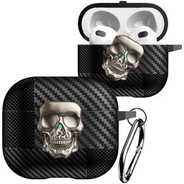 YSNZAQ Skull Design Case for AirPods 3, Cool Carbon Fiber Grain Military-Grade Shockproof Earphone Case with Carabiner & Secure Lock Clip for AirPods 3th Generation KLT Gold