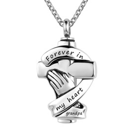 YSAHan Cross Urn Necklaces for Ashes Praying Hands Cremation Memorial Stainless Steel Pendant Jewelry Forever in My Heart with Grandpa