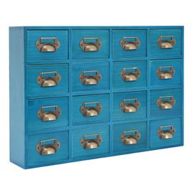 OCASAMI 16 Drawers Apothecary Cabinet, Wooden Card Catalog Cabinet Vintage Desktop Apothecary Wooden Tabletop Chests for Herb Storage, Tea Collection, Stationery (Blue)