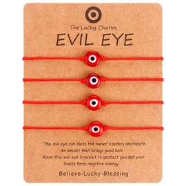 KIYSI Hand Made 4 Pcs Evil Eye Bracelets Adjustable Evil Eye Bracelet for Women Red Evil Eye Bracelets Evil Eye Bracelets Pack（Red Rope - Red Beads）
