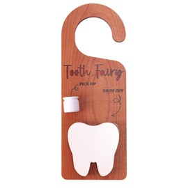 Lyreh Tooth Fairy Door Hanger, 10.04x3.66in Wooden Kids Baby First Lost Teeth Tooth Holder Box with Money Slot Gifts for Encouraging Good Habits and Celebrating Milestones(Brown)