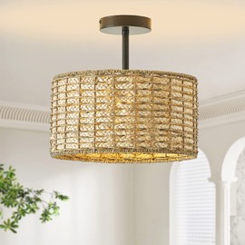 Giutna 13"Rattan Ceiling Light Fixture Flush Mount, 2-Light Boho Rattan Hand-Woven Ceiling Light Fixtures Drum Wicker Chandelier Light Fixture for Dining Room Bedroom Living Room Hallway Foyer Kitchen