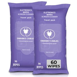 Swanky Cables Screen Cleaner Wipes: Electronic Wipes for Screens - Computer Screen Wipes for Lens, Phone, Tv Screen and Monitor Cleaning - Tech Wipes & Microfiber Cloth (Soft Wipes, 60 Count)