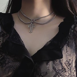 Erimberate Bohemian Layered Cross Pendant Necklace Hollow Cross Choker Necklace Chain Silver Cross Religion Necklace Chain Short Cross Collar Necklace Jewelry for Women and Girls Gifts