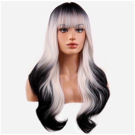 BERON Black Ombre White Wigs Women Long Curly Wave Wig with Bangs Girls White Wavy Heat Resistant Synthetic Wig Cosplay Costume Party or Daily