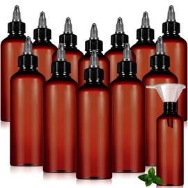 Barydat 12 Pcs Applicator Bottles for Hair, Squeeze Hair Oil Applicator Bottle Refillable Empty Plastic Bottles, Twist on Top Cap with Open Close Nozzle and 2 Funnels(3.5 oz,Amber)