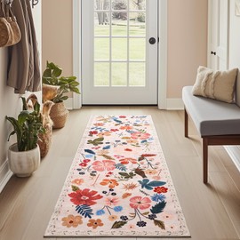 2x6 Runner Rugs for Hallways Non Slip with Rubber Backing Stain Resistant Area Rug Washable Beige Boho Floral Ultra-Thin Carpet Rugs Indoor for Entryway Kitchen Bedroom Laundry Bathroom Stairwell