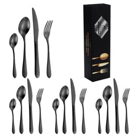 Deluxe 16-piece stainless steel cutlery set for 4 people, including 4 knives, forks, spoons, teaspoons. Durable, dishwasher safe (black, Simple packaging)